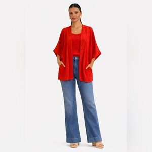 Red Open-Front Kimono Cut Crinkle Air Flow Cardigan with front placed pockets